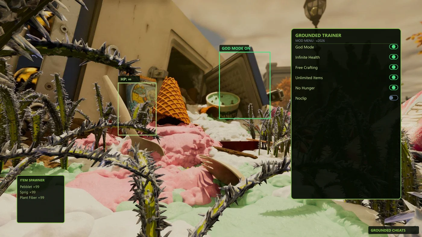 Grounded PC gameplay with cheat overlay in the backyard