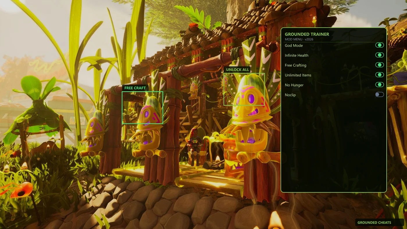 Grounded mod menu overlay with god mode and crafting toggles