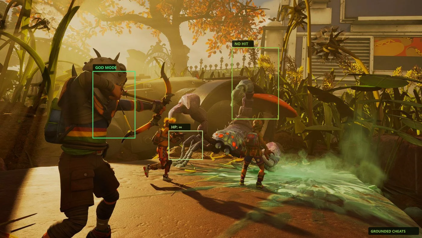 Grounded trainer menu open during a backyard spider fight