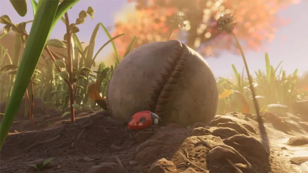 Ladybug beside a weathered baseball in Grounded at golden hour