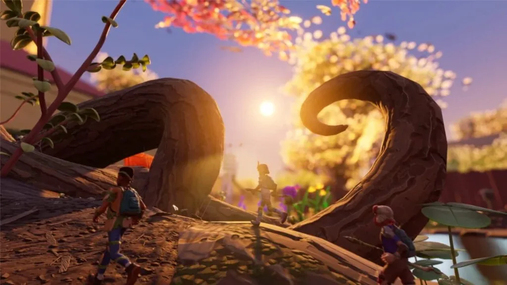 Three tiny Grounded teens on a root watching a backyard sunset